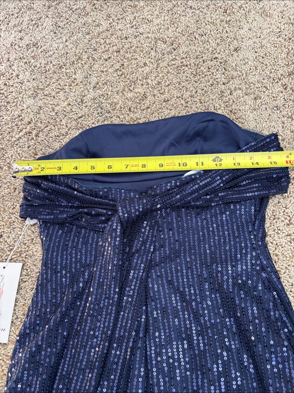 Navy Blue Sequin Strapless Mini Dress with Back Sash Tie - Picture 7 of 7